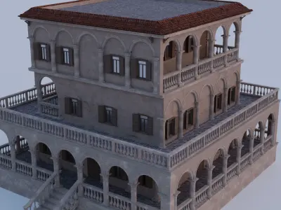 Palace stairs leading up to building with arches 3D model