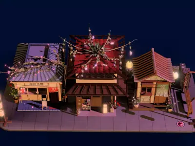 Stylized Japanese Mini Street Diorama 3D Model Low-poly 3D model