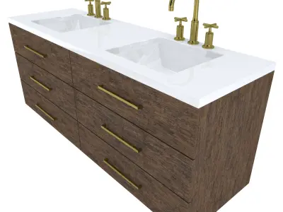 Vanity bathroom with two sinks and brass faucets 3D model