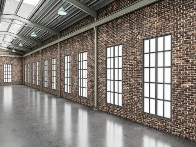 3D low poly factory empty warehouse with windows Low-poly 3D model