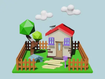 House with trees and fence Low-poly 3D model