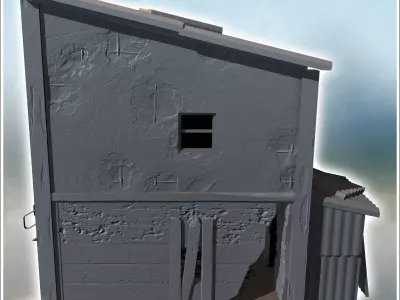 Two-story building with damaged exterior walls and an attached m 3D print model