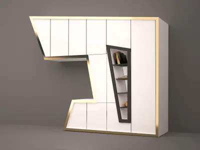 The contemporary bookcase with gold edges  Low-poly 3D model
