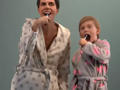 Pre-posed 3D mother and daughter brushing their teeth  3D model