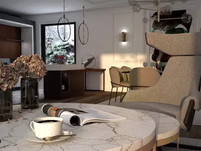 Living Room with Dining Room and Kitchen 3D Model 3D model