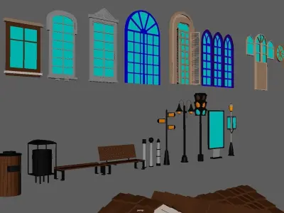 Street Builder Kit Fence Door Window Awning Balcony Street Set Low-poly 3D model