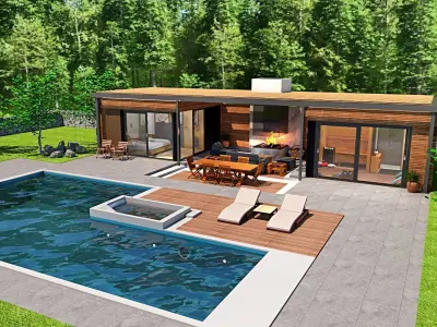 pool house with fireplace and sauna 3d model 3D model