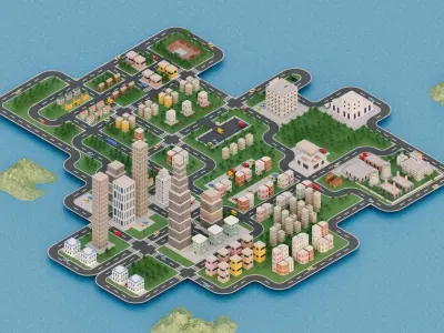Modular Simple City Town  Low-poly 3D model