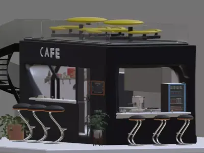Modern Cafe Exterior and Interior 3D Model Low-Poly Game Asset Low-poly 3D model