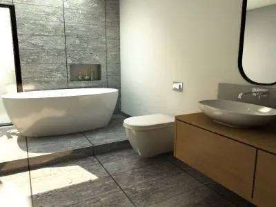 Bathroom 3D model modern with two sinks and bathtub 3D model