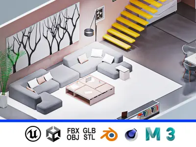 Room 3 living with stairs Low-poly 3D model