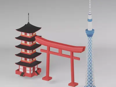 Model of Japanese Pagoda Temple gate and modern Tower 3D model