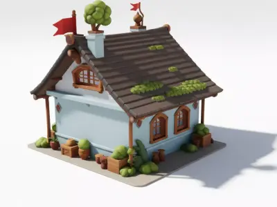 Cute Cartoon House 3D Whimsical Blue Cottage Red Flags Low-poly 3D model