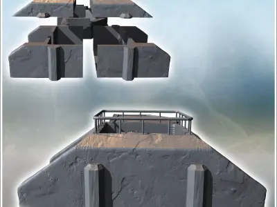Three modern flat-roofed bunkers with reinforced walls featuring 3D print model