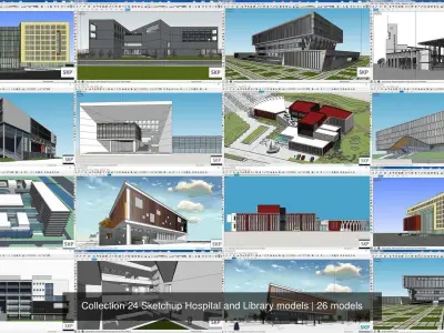 Collection 24 Sketchup Hospital and Library models 3D Model Pack