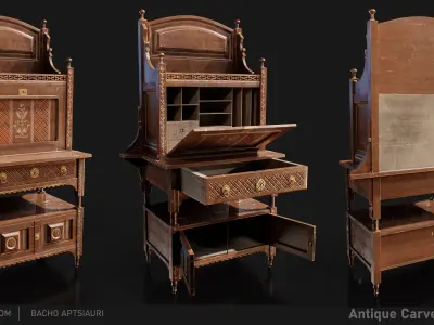 Antique Carved Walnut Desk - Optimized for Games and animations  Low-poly 3D model