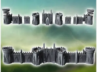 Modular Elf Great Wall with Battlement Towers 22 - Medieval Fant 3D print model