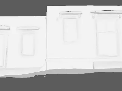 A ruined house wall with windows on sides  doors in the center 3D model