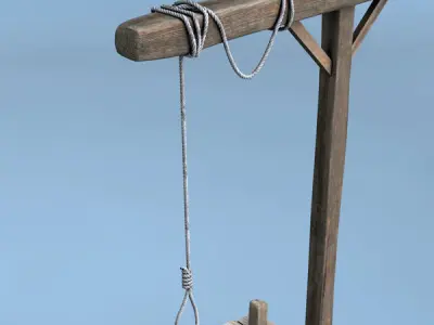 Gallows wooden platform with rope hanging from it 3D model