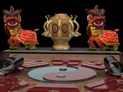Chinese Lion Dance Figure with Ancient Bronze Seismoscope Low-poly 3D model