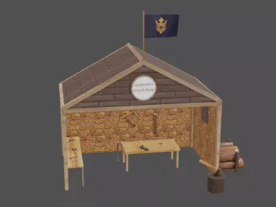 Stylized medieval carpenter workshop Low-poly 3D model