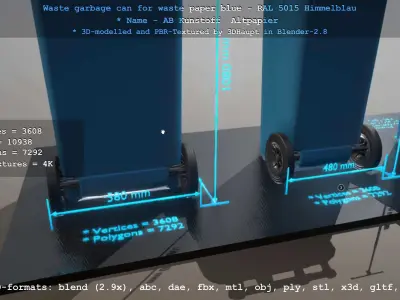 Waste garbage can for waste paper blue - RAL 5015 Himmelblau Low-poly 3D model