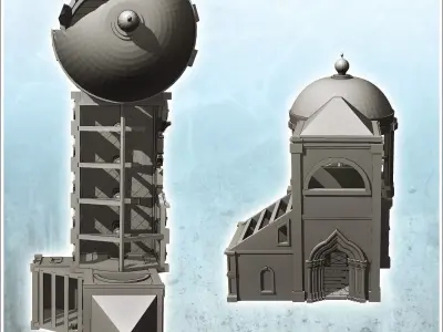 Church ruin with dome frame and bell tower 4 - Modern WW2 WW1 Wo 3D print model