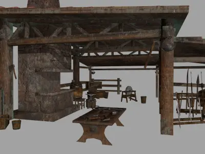 Blacksmith set wooden kitchen with pots and pans Low-poly 3D model