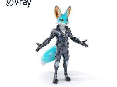 Azure Fox Warrior in Tactical Gear with Cyberpunk Elements Low-poly 3D model