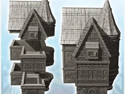 Large medieval house with tiled roof fireplace and large entranc 3D print model