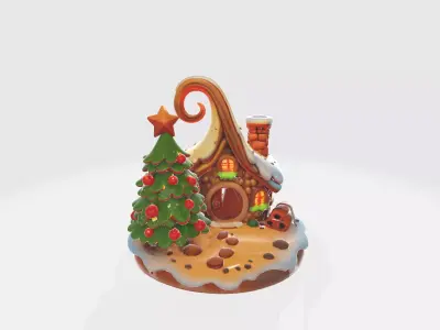 Whimsical Gingerbread Cottage Holiday Environment  Low-poly 3D model
