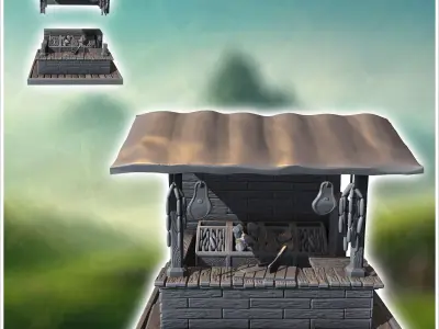 Market stall with a tin roof hanging meats and display tables fo 3D print model