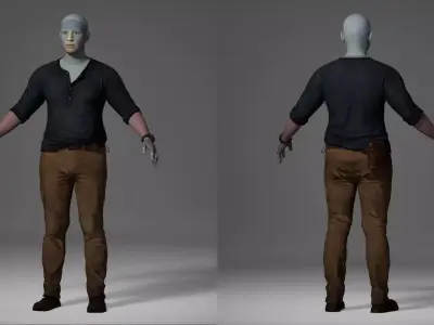 Realistic Male Casual Outfit - Blue Henley Brown Chinos Low-poly 3D model