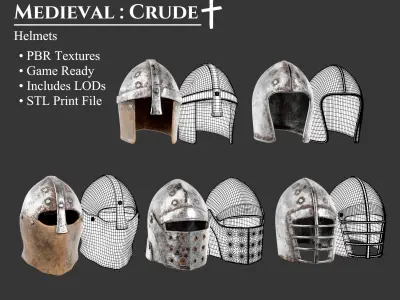 Medieval Crude Armor Helmets Low-poly 3D model