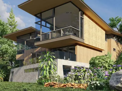 A Villa in the valley with flowers and trees 3D model