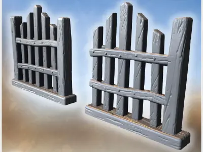 Two wooden fences with vertical bars and uneven tops supported b 3D print model