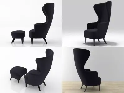 Wingback three chairs and footstool 3D model