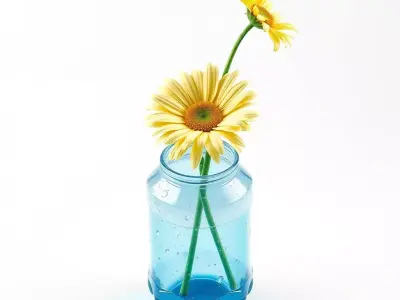 Gerbera Daisies Blue Bottle Vase Low-poly 3D model