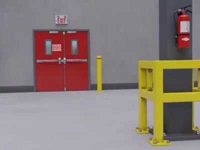 Fire Emergency Set - Exit Sign Extinguisher Bollard Doors Low-poly 3D model