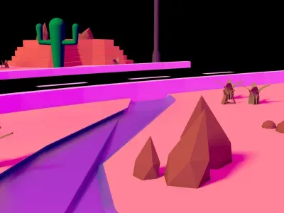 Low Poly Desert with cactus and road Low-poly 3D model