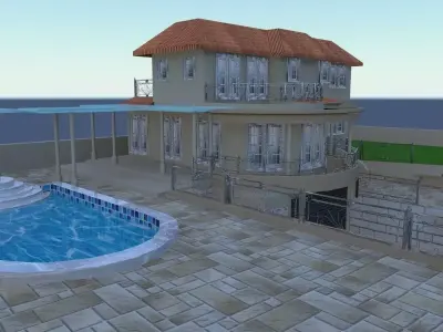 Exterior of Modern house including door windows grill and pool 3D model