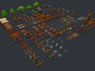 Stylized set of items Low-poly 3D model