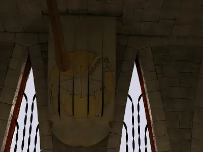 Medieval hall with arballista and a tower bridge Low-poly 3D model