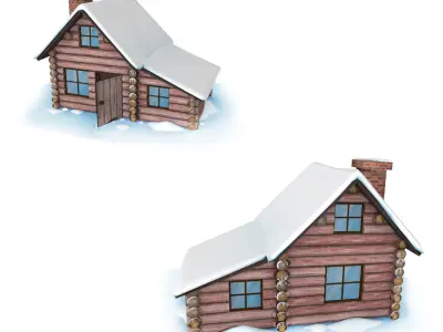 Stylized Winter Log Cabin House Low-poly 3D model