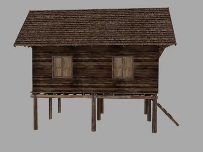 Ancient Thai wooden house Low-poly 3D model
