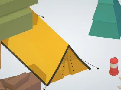 isometric objects tourism cooking BBQ tent fire ax Low-poly 3D model