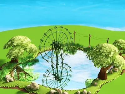 Cartoon Water Mills Low-poly 3D model