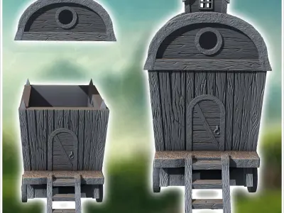 Wooden caravan with a small rooftop window stairs and wagon whee 3D print model