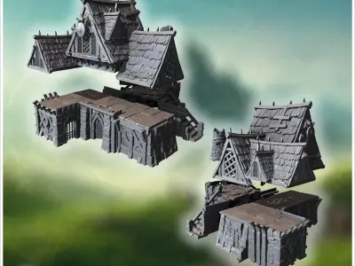 Expansive guild hall featuring decorative woodwork stone foundat 3D print model