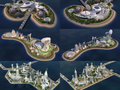 3 Full Scenes - Future City Island - Bundle 3D Model Pack